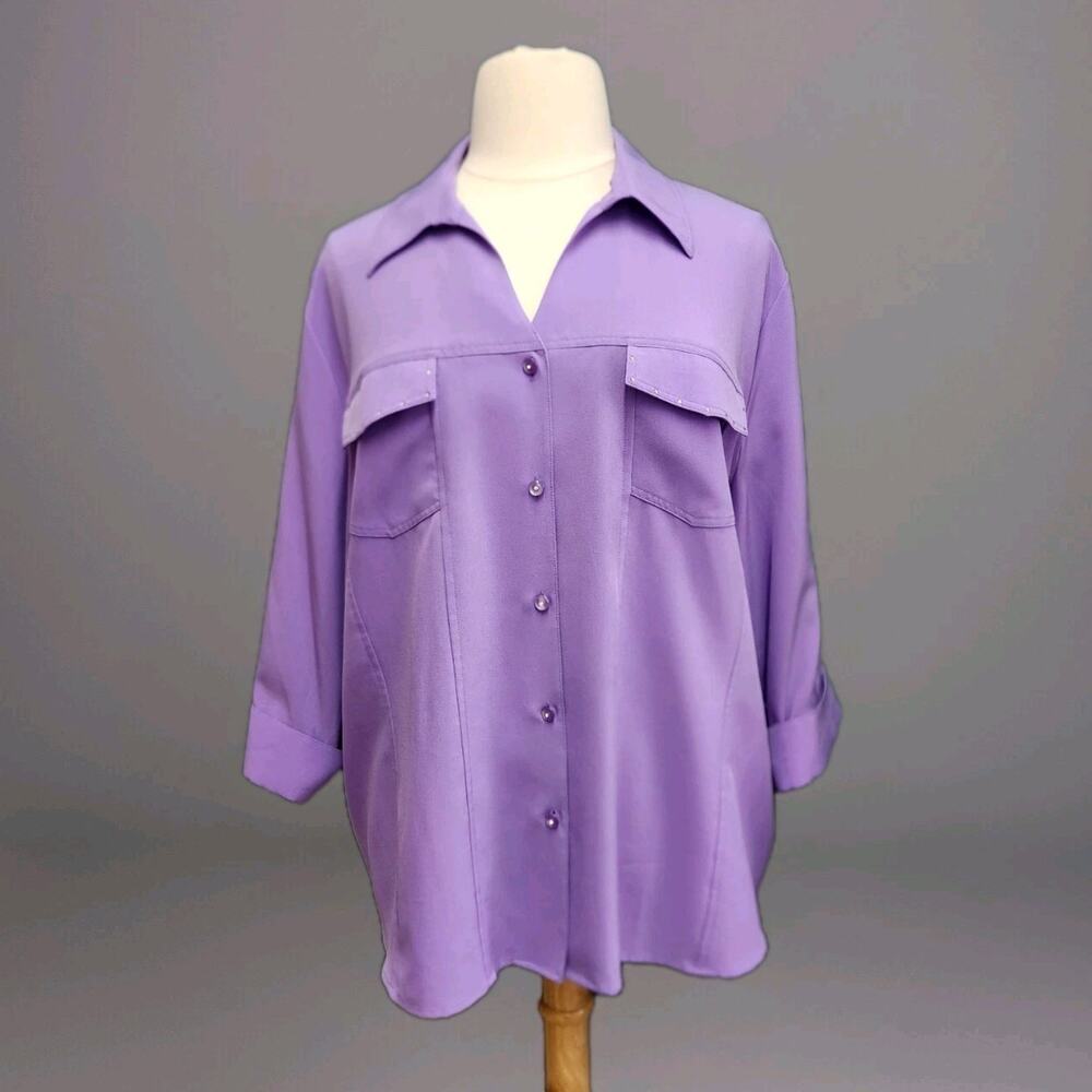 Maggie Barnes Catherines Button Up Studded Pockets 2X Top 3/4 Sleeve #flaw